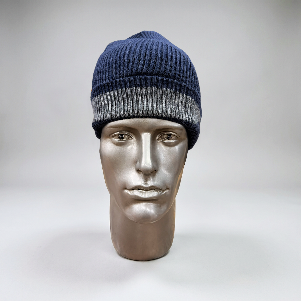 Navy Blue & Grey Striped Ribbed Beanie
