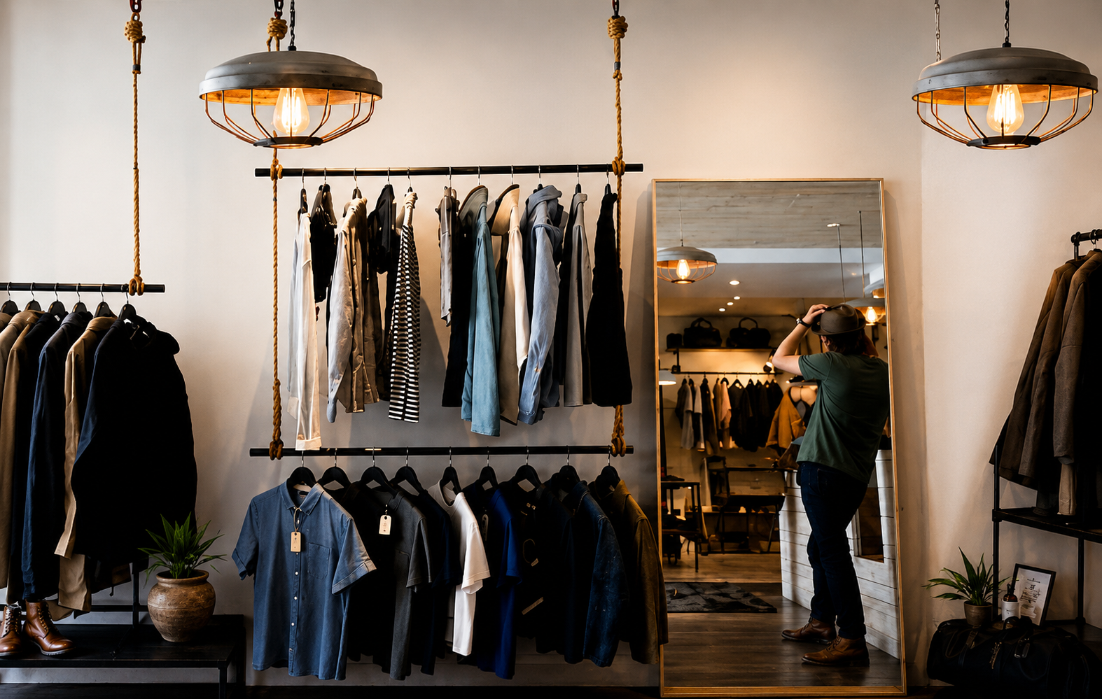 Battle Fatigues boutique interior — clothing racks under industrial pendants, and a customer trying on a hat in front of a full-length mirror.